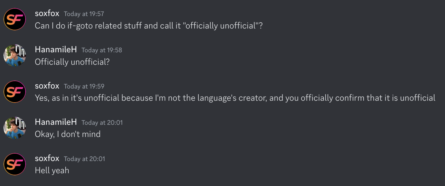 Screenshot of a Discord conversation where HanamileH agrees to allow soxfox42 to create officially unofficial if-goto content.